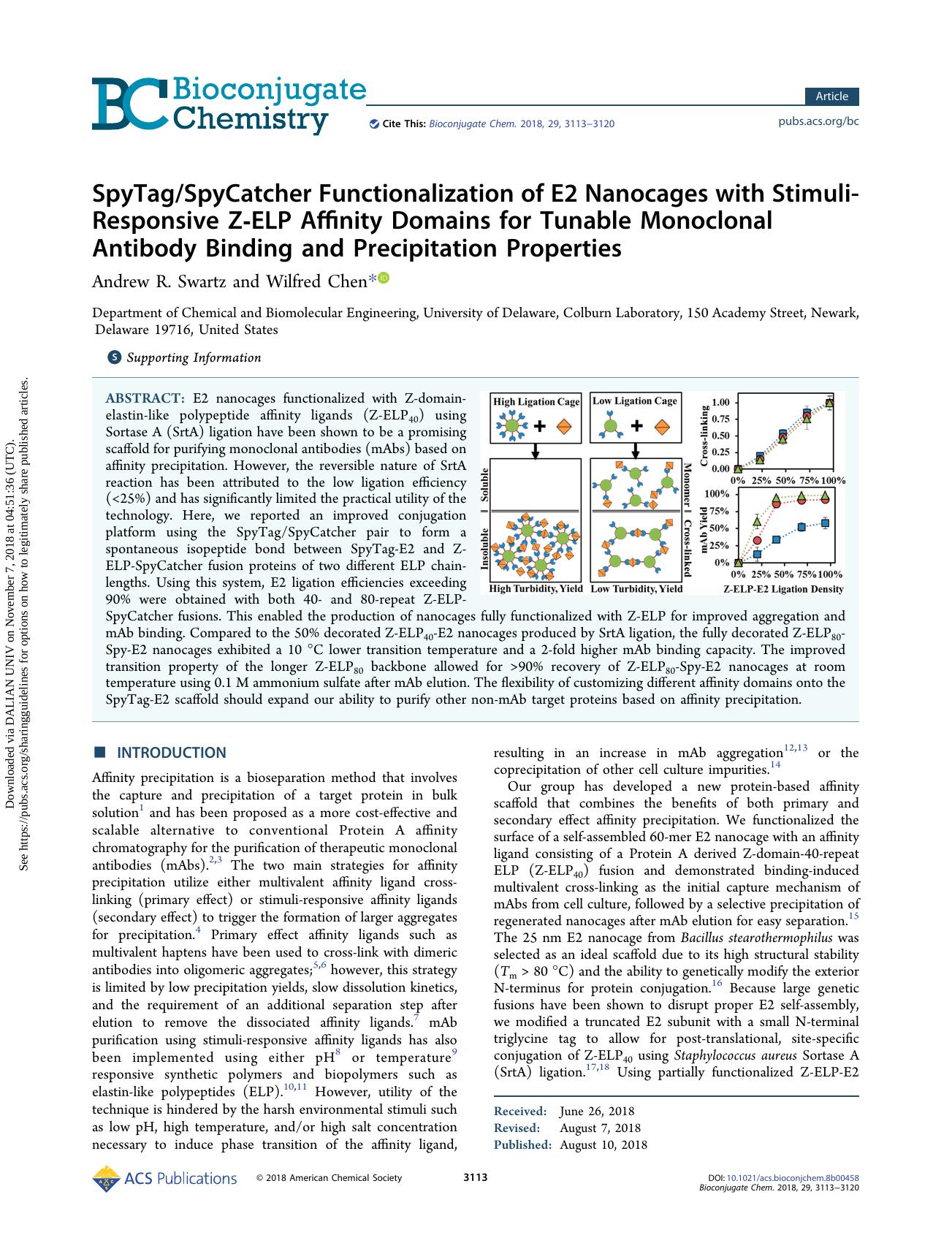 SpyTagSpyCatcher Functionalization of E2 Nanocages with Stimuli-Responsive Z-ELP Affinity Domains for Tunable Monoclonal Antibody Binding and Precipitation Properties by Andrew R. Swartz & Wilfred Chen