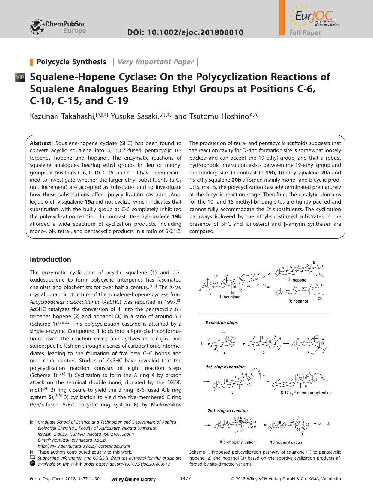 Squalene&#x02010;Hopene Cyclase: On the Polycyclization Reactions of Squalene Analogues Bearing Ethyl Groups at Positions C&#x02010;6, C&#x02010;10, C&#x02010;15, and C&#x02010;19 by Unknown
