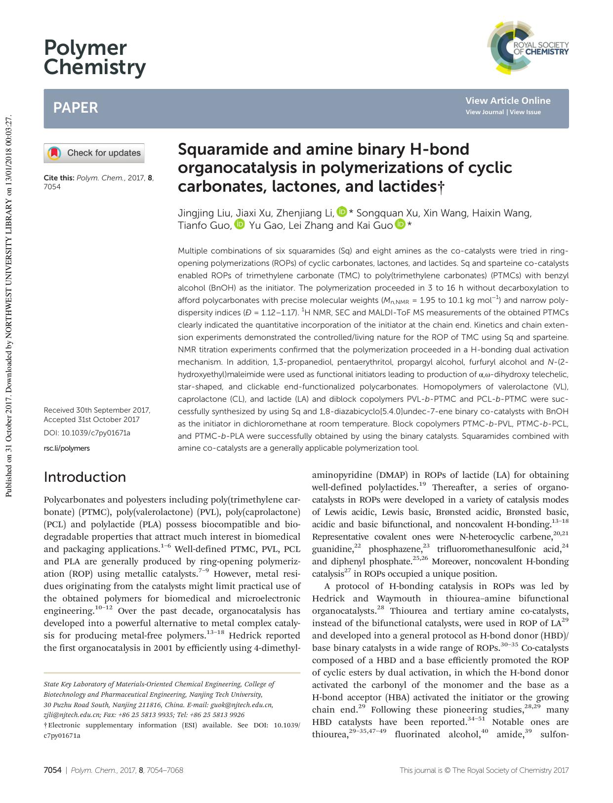 Squaramide and amine binary H-bond organocatalysis in polymerizations of cyclic carbonates, lactones, and lactides by unknow
