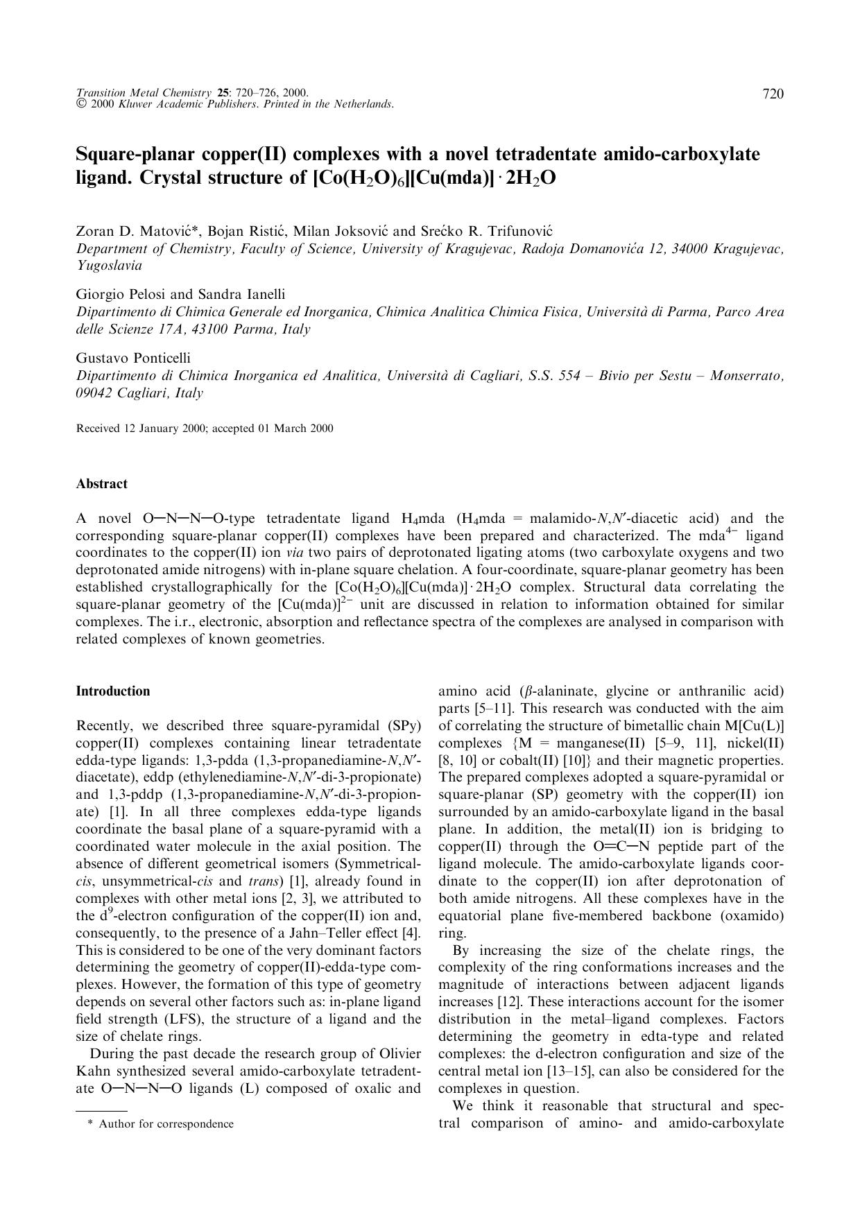 Square-planar copper(II) complexes with a novel tetradentate amido-carboxylate ligand. Crystal structure of [Co(H2O)6][Cu(mda)] · 2H2O by Unknown