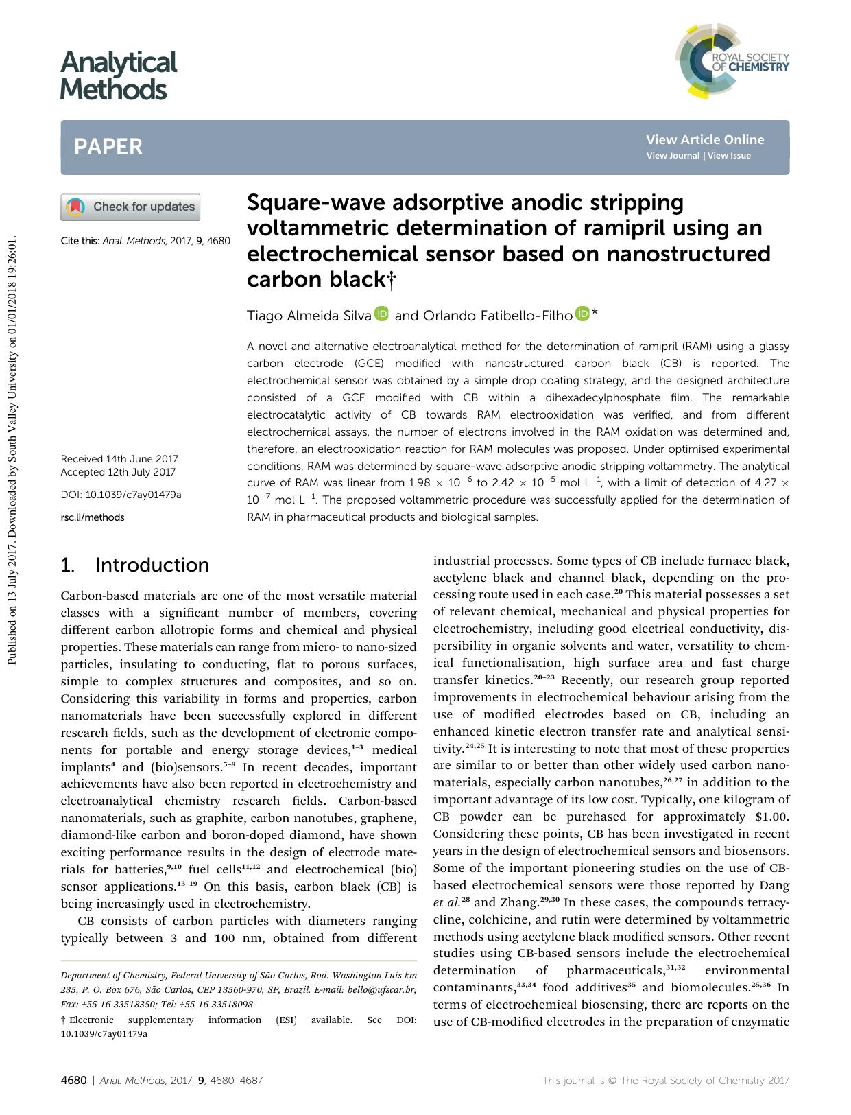 Square-wave adsorptive anodic stripping voltammetric determination of ramipril using an electrochemical sensor based on nanostructured carbon black by Tiago Almeida Silva & Orlando Fatibello-Filho
