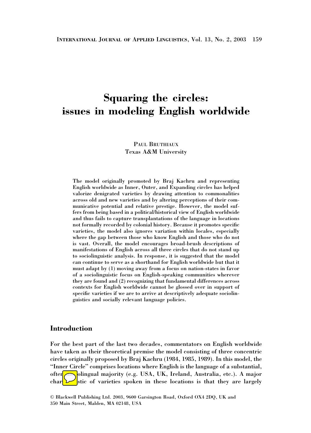 Squaring the circles: issues in modeling English worldwide by Bruthiaux P