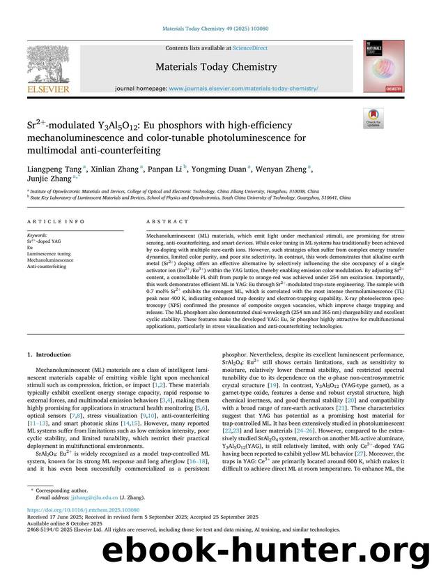 Sr2+-modulated Y3Al5O12: Eu phosphors with high-efficiency mechanoluminescence and color-tunable photoluminescence for multimodal anti-counterfeiting by Liangpeng Tang & Xinlian Zhang & Panpan Li & Yongming Duan & Wenyan Zheng & Junjie Zhang