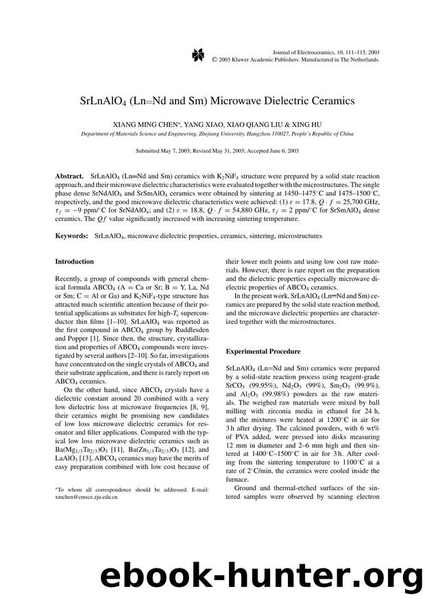SrLnAlO<Subscript>4<Subscript> (Ln=Nd and Sm) Microwave Dielectric Ceramics by Unknown