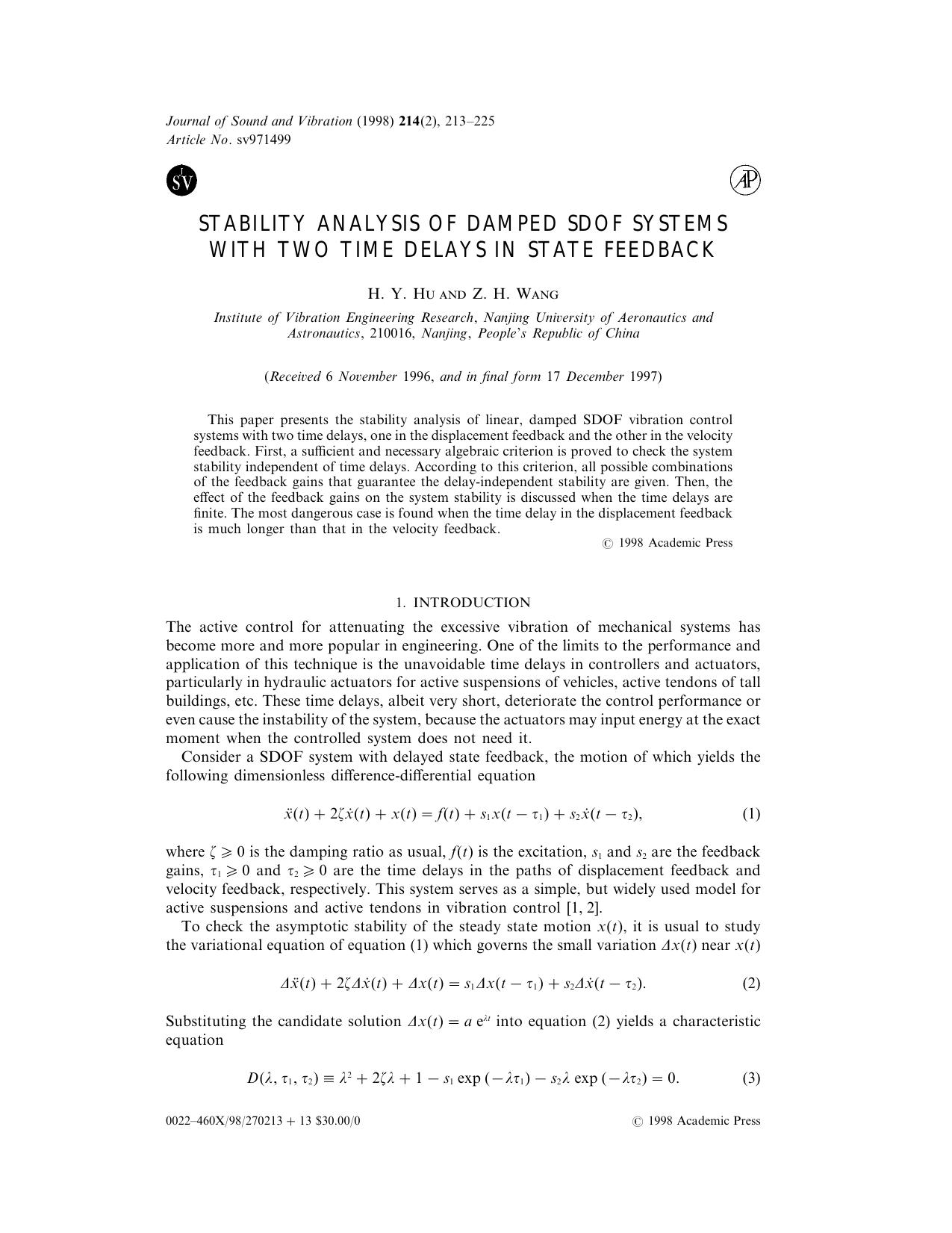 Stability Analysis of Damped SDOF Systems with Two Time Delays in State Feedback by Hu H. Y. & Wang Z. H