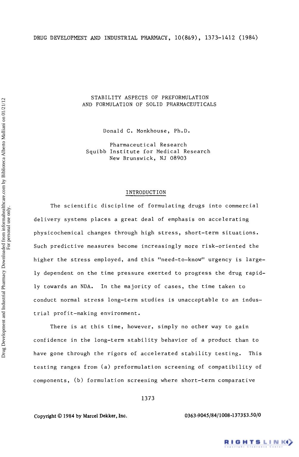 Stability Aspects of Preformulation and Formulation of Solid Pharmaceuticals by Donald C. Monkhouse
