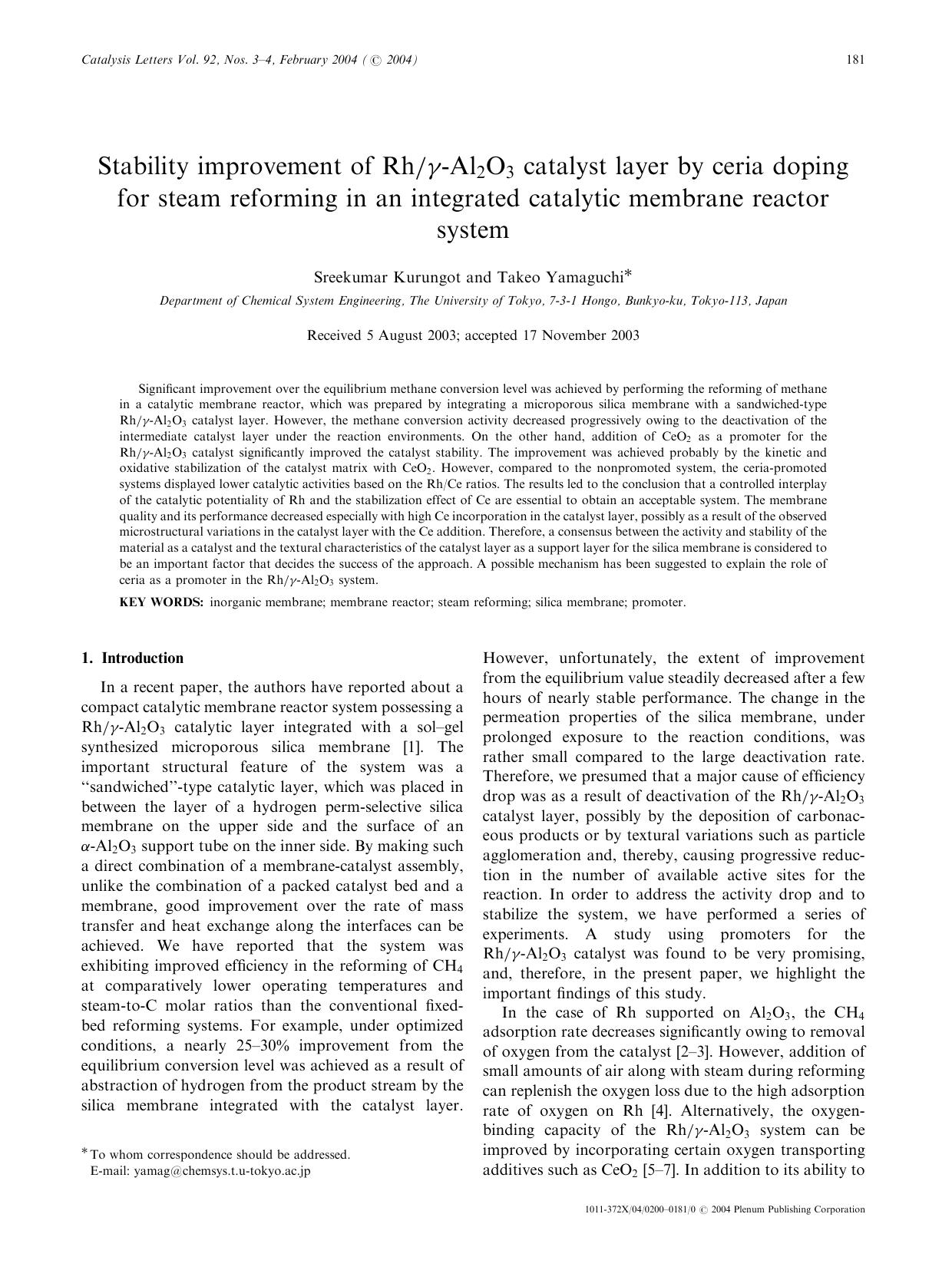 Stability Improvement of Rhγ-Al<Subscript>2<Subscript>O<Subscript>3<Subscript> Catalyst Layer by Ceria Doping for Steam Reforming in an Integrated Catalytic Membrane Reactor System by Unknown
