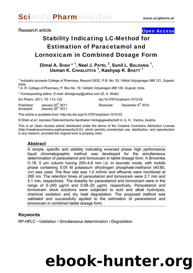 Stability Indicating LC-Method for Estimation of Paracetamol and Lornoxicam in Combined Dosage Form by Dimal A. SHAH & Neel J. PATEL & Sunil L. BALDANIA & Usman K. CHHALOTIYA & Kashyap K. BHATT