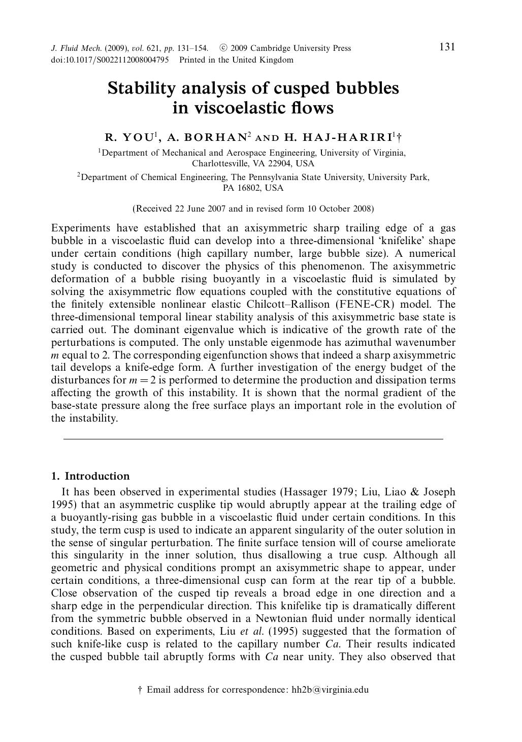 Stability analysis of cusped bubbles in viscoelastic flows by R. YOU A. BORHAN H. HAJ-HARIRI