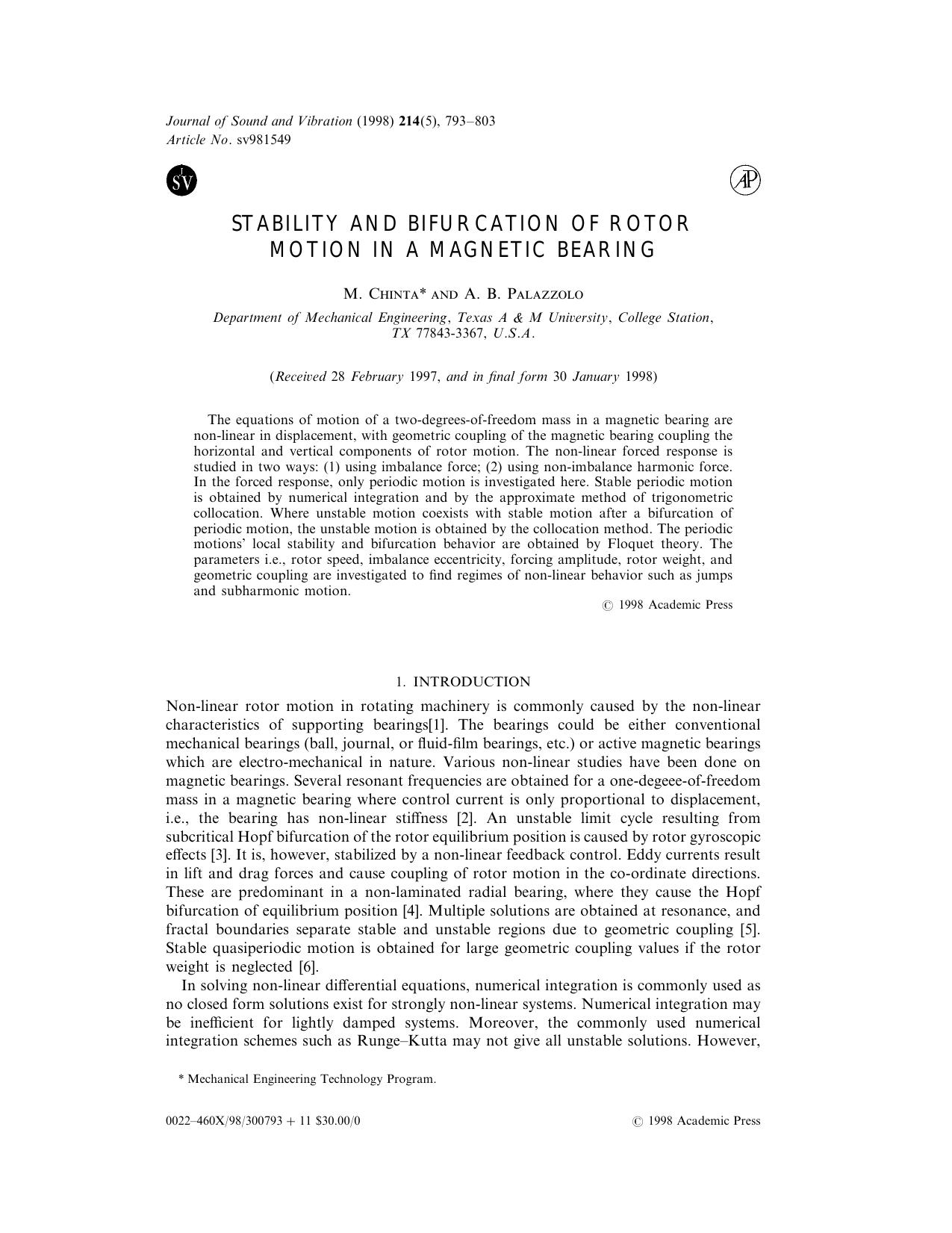 Stability and Bifurcation of Rotor Motion in a Magnetic Bearing by Chinta M. & Palazzolo A. B