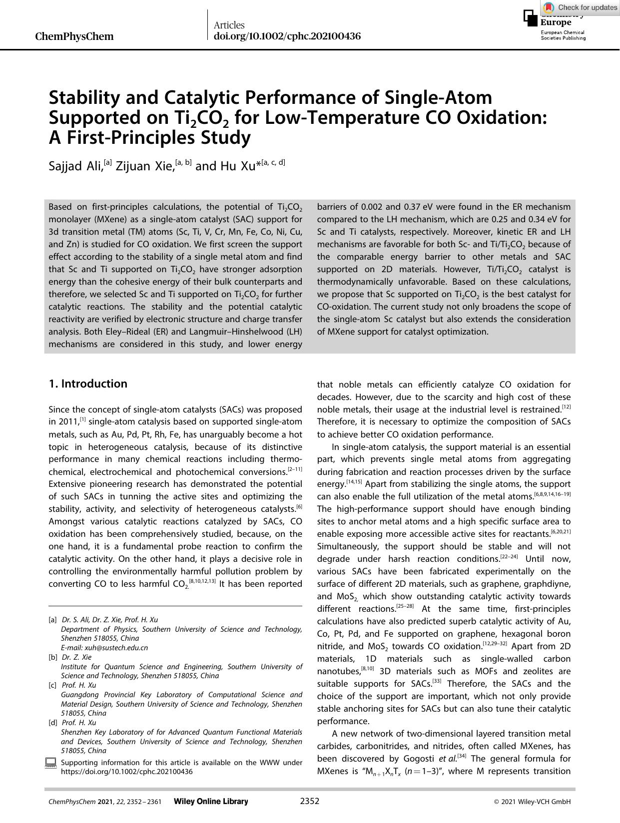 Stability and Catalytic Performance of SingleâAtom Supported on Ti2CO2 for LowâTemperature CO Oxidation: A FirstâPrinciples Study by Unknown