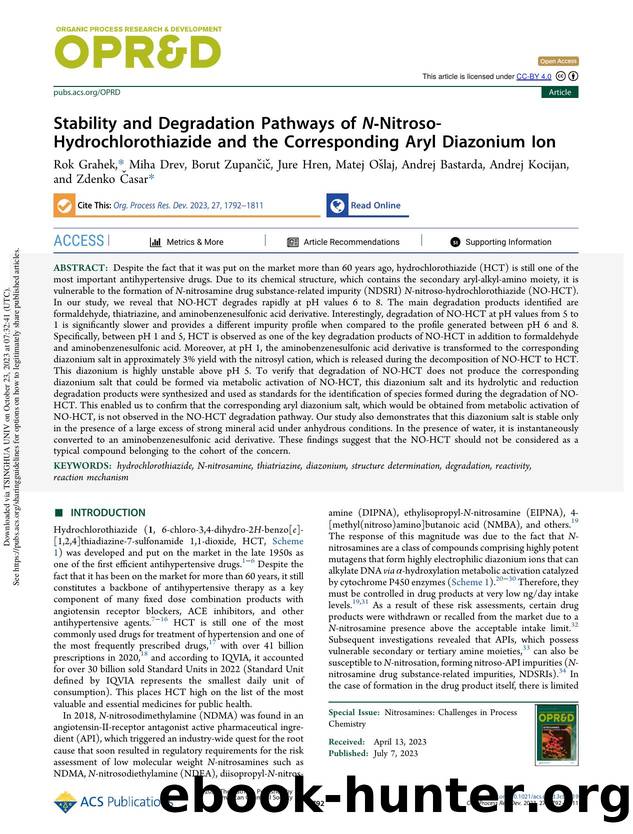 Stability and Degradation Pathways of N-Nitroso-Hydrochlorothiazide and the Corresponding Aryl Diazonium Ion by unknow