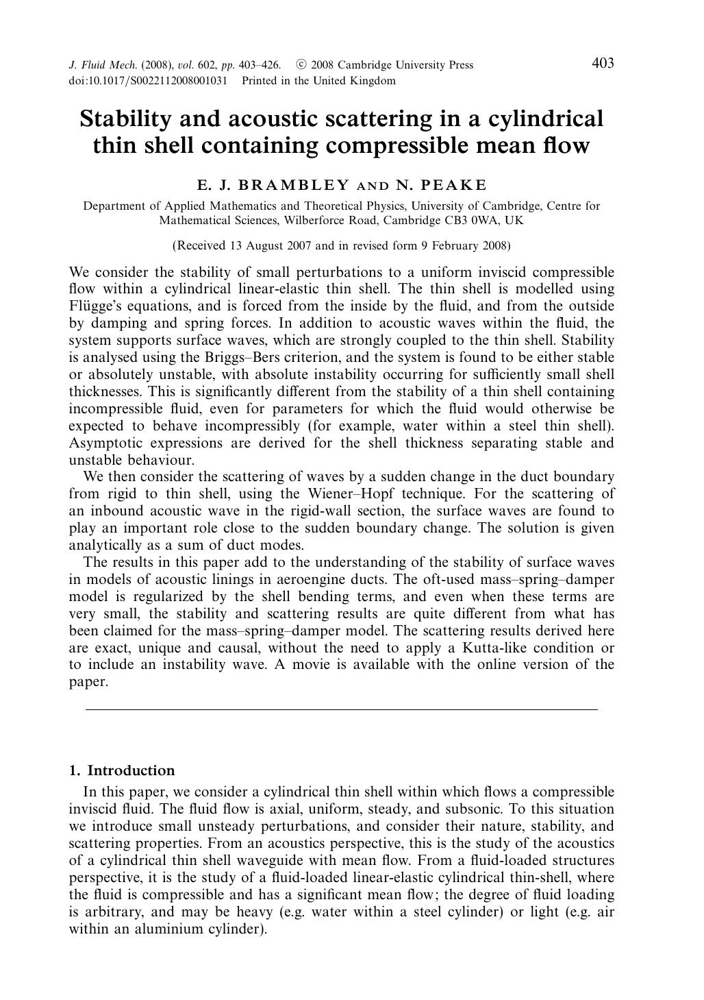 Stability and acoustic scattering in a cylindrical thin shell containing compressible mean flow by E. J. BRAMBLEY & N. PEAKE