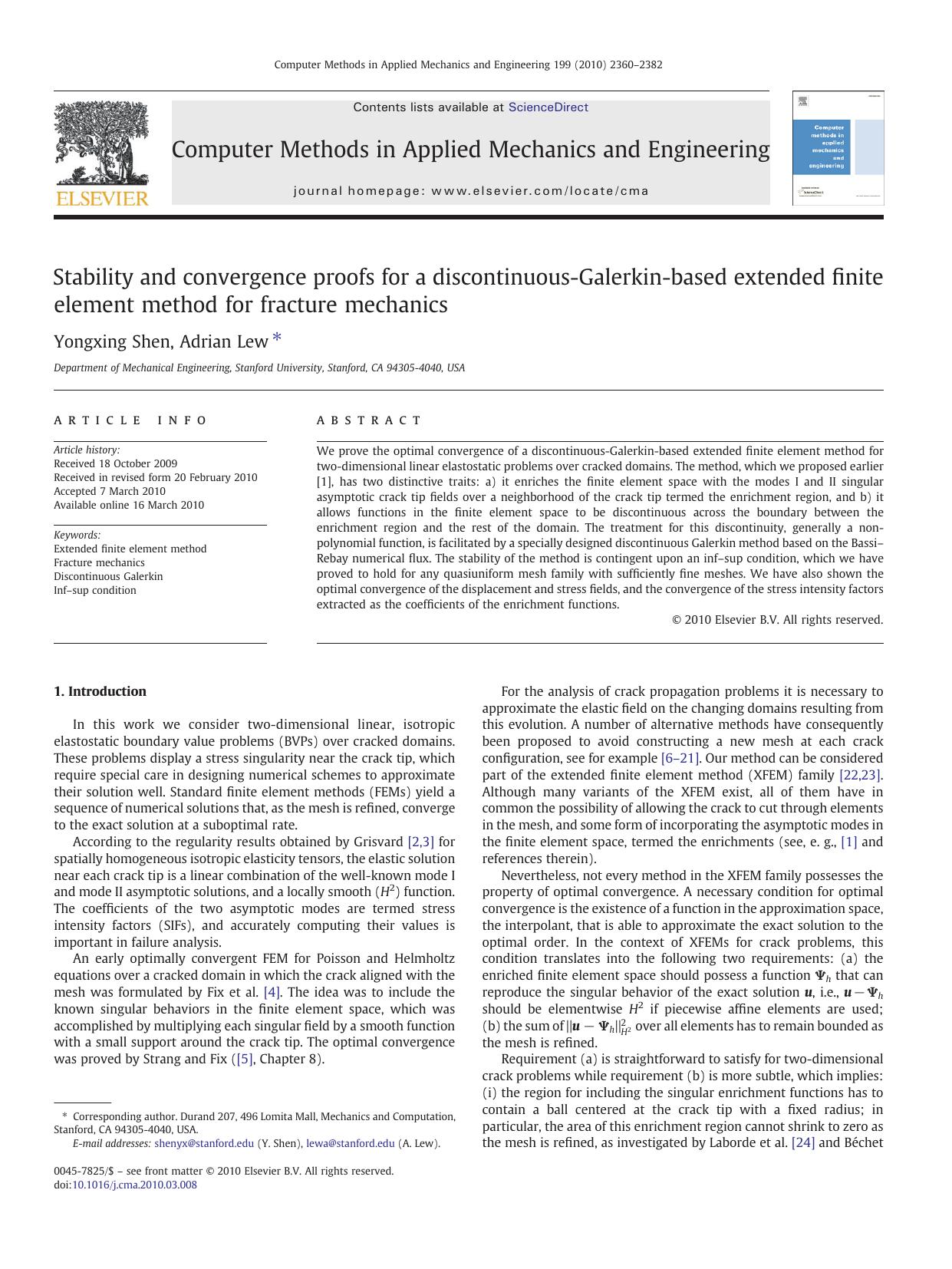Stability and convergence proofs for a discontinuous-Galerkin-based extended finite element method for fracture mechanics by Yongxing Shen & Adrian Lew