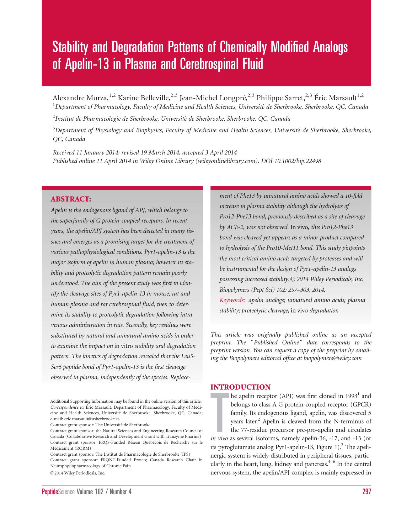 Stability and degradation patterns of chemically modified analogs of apelin13 in plasma and cerebrospinal fluid by Unknown
