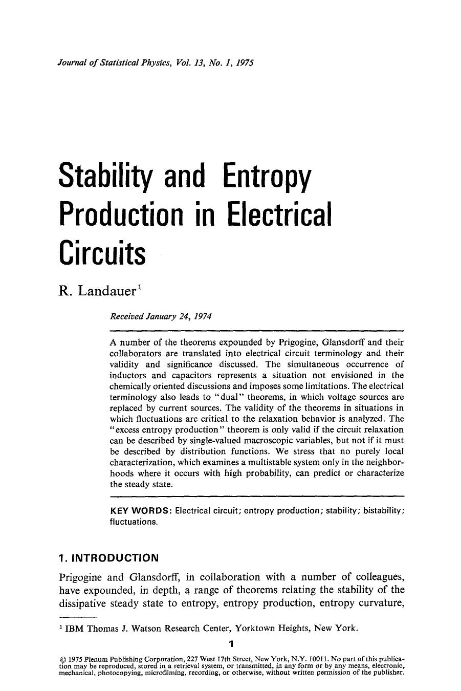 Stability and entropy production in electrical circuits by Unknown