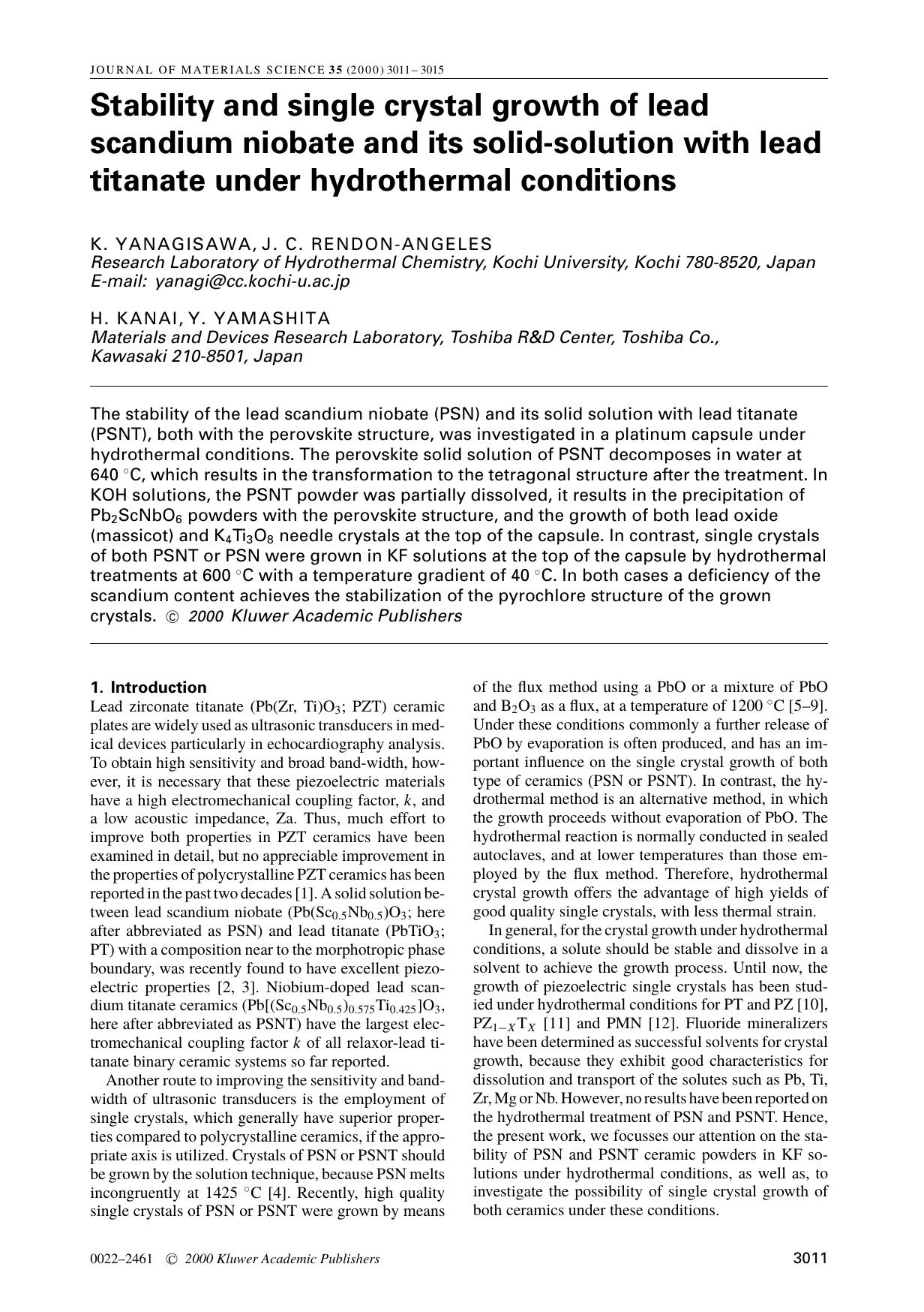 Stability and single crystal growth of lead scandium niobate and its solid-solution with lead titanate under hydrothermal conditions by Unknown