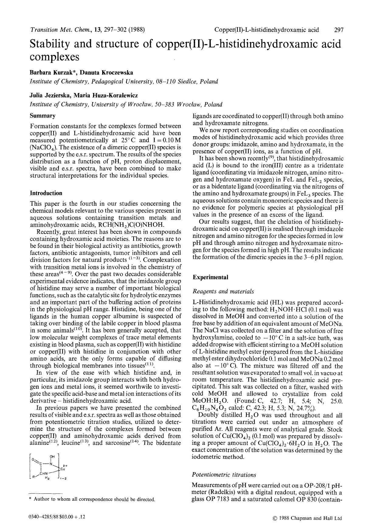 Stability and structure of copper(II)-L-histidinehydroxamic acid complexes by Unknown