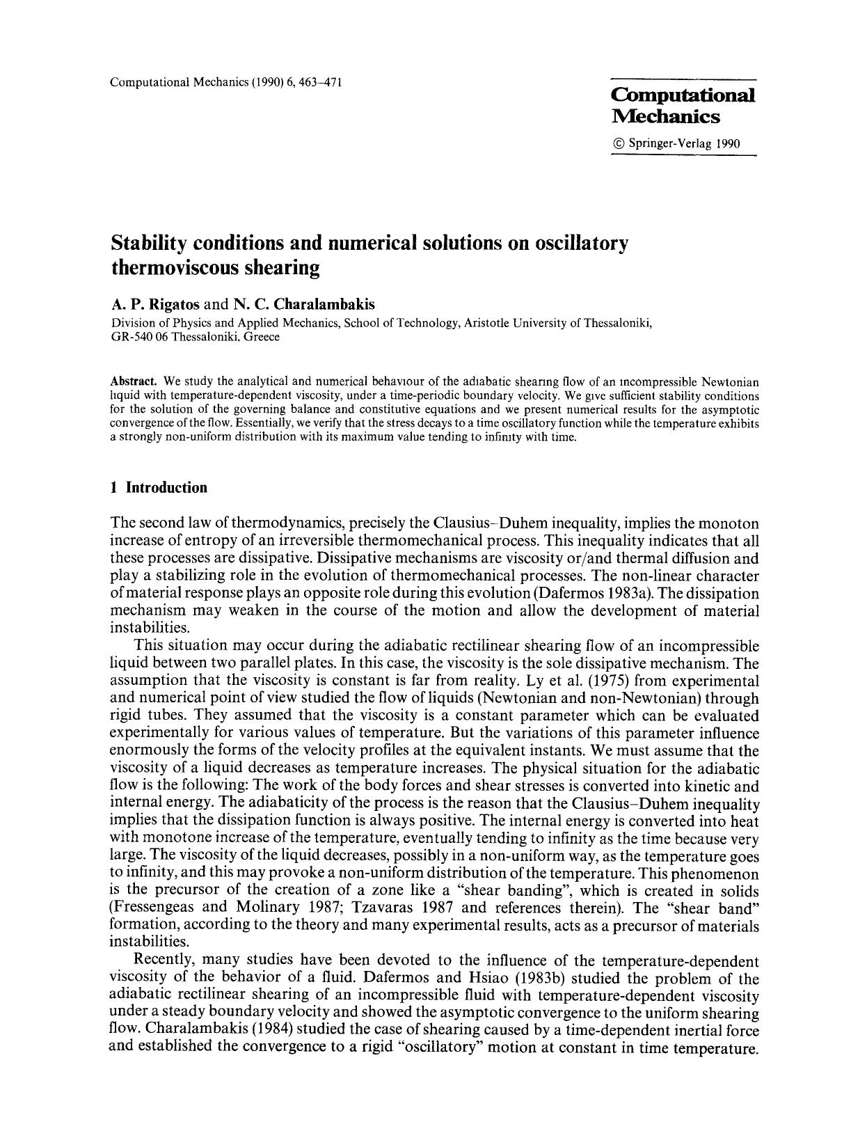 Stability conditions and numerical solutions on oscillatory thermoviscous shearing by Unknown