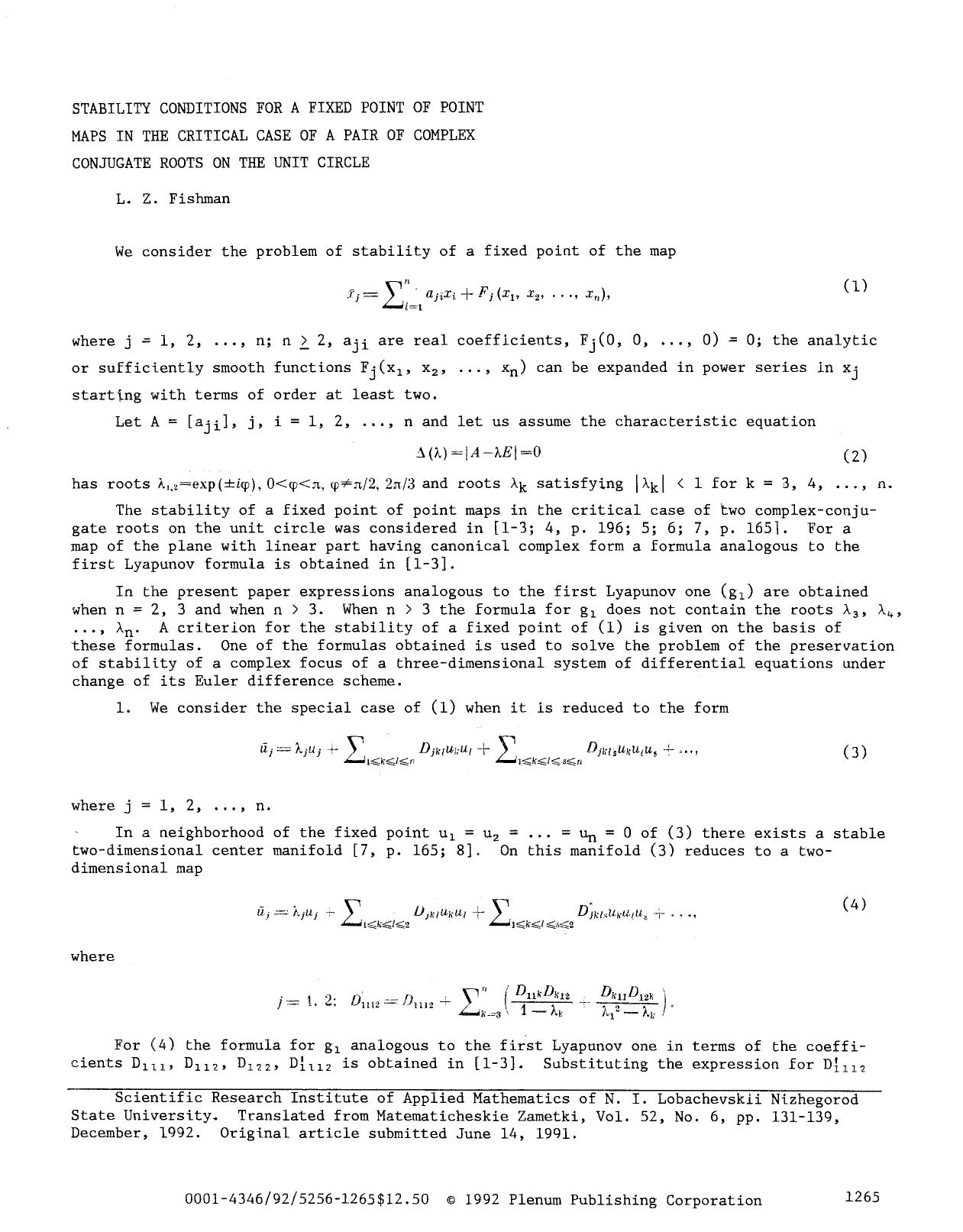 Stability conditions for a fixed point of point maps in the critical case of a pair of complex conjugate roots on the unit circle by Unknown