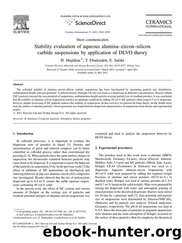 Stability evaluation of aqueous aluminaÃ¢â¬âzirconÃ¢â¬âsilicon carbide suspensions by application of DLVO theory by H. Majidian