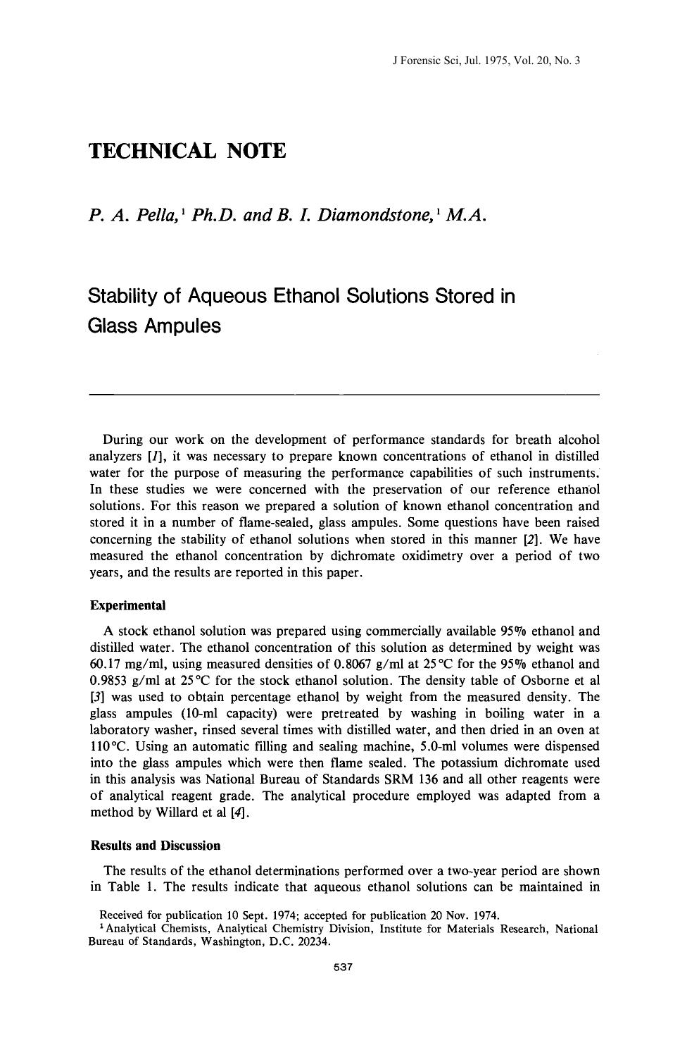 Stability of Aqueous Ethanol Solutions Stored in Glass Ampules by Pella PA Diamondstone BI