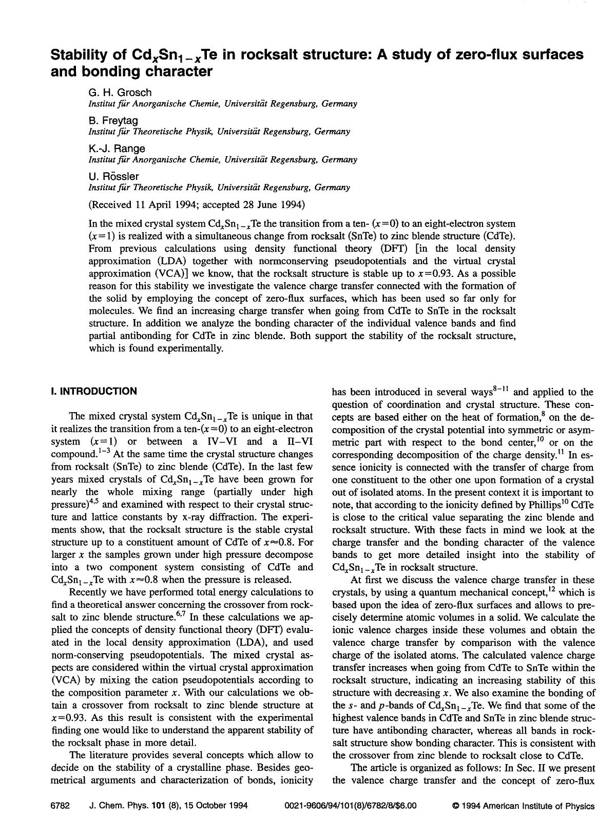 Stability of CdxSn1-xTe in rocksalt structure: A study of zero-flux surfaces and bonding character by G. H. Grosch; B. Freytag; K.-J. Range; U. Rossler