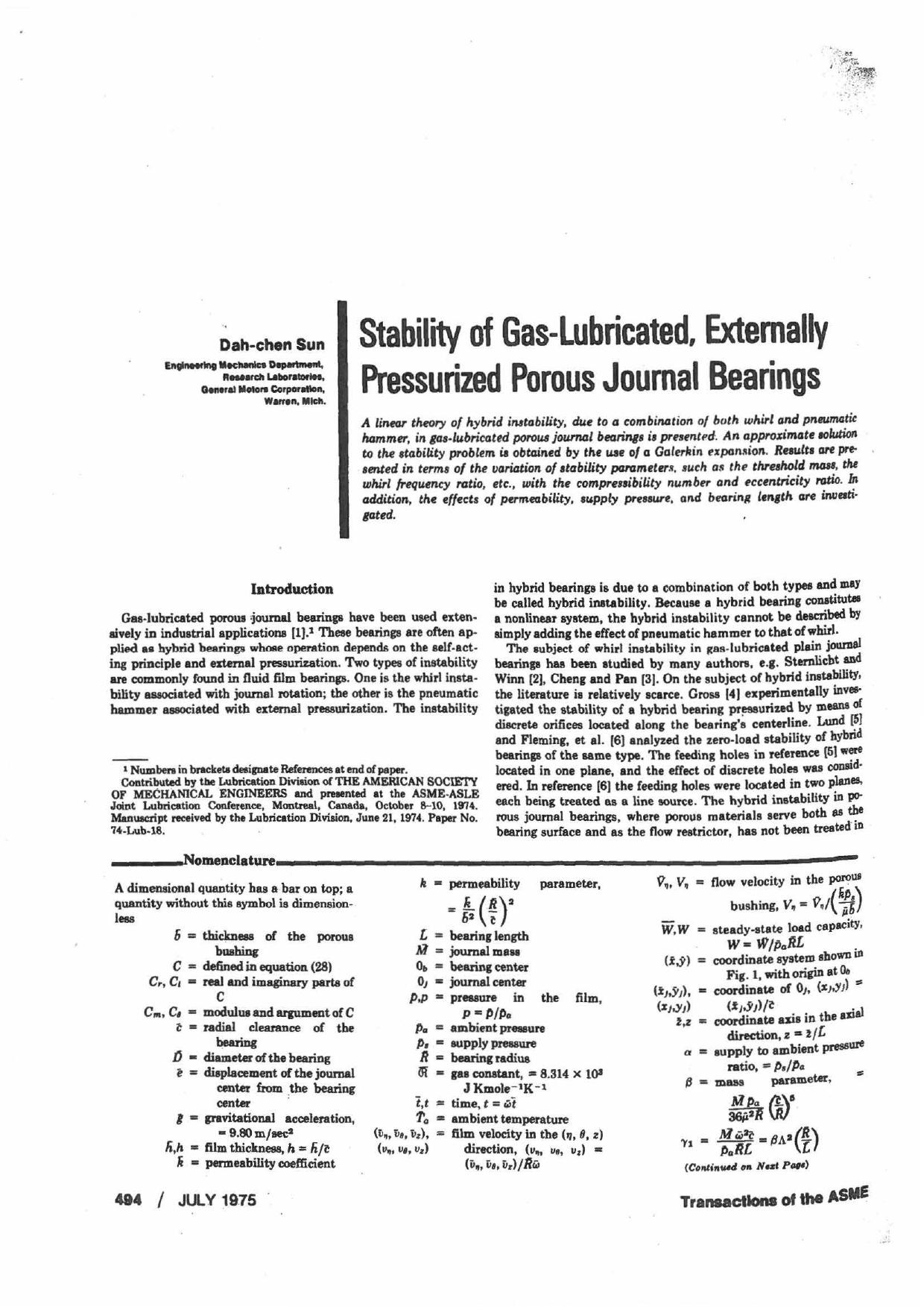 Stability of Gas-Lubricated, Externally Pressurized Porous Journal Bearings by Dah-chen Sun
