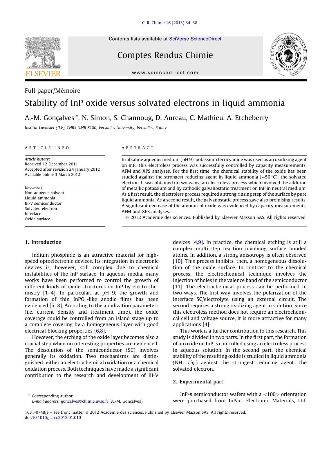 Stability of InP oxide versus solvated electrons in liquid ammonia by A.-M. Gonçalves