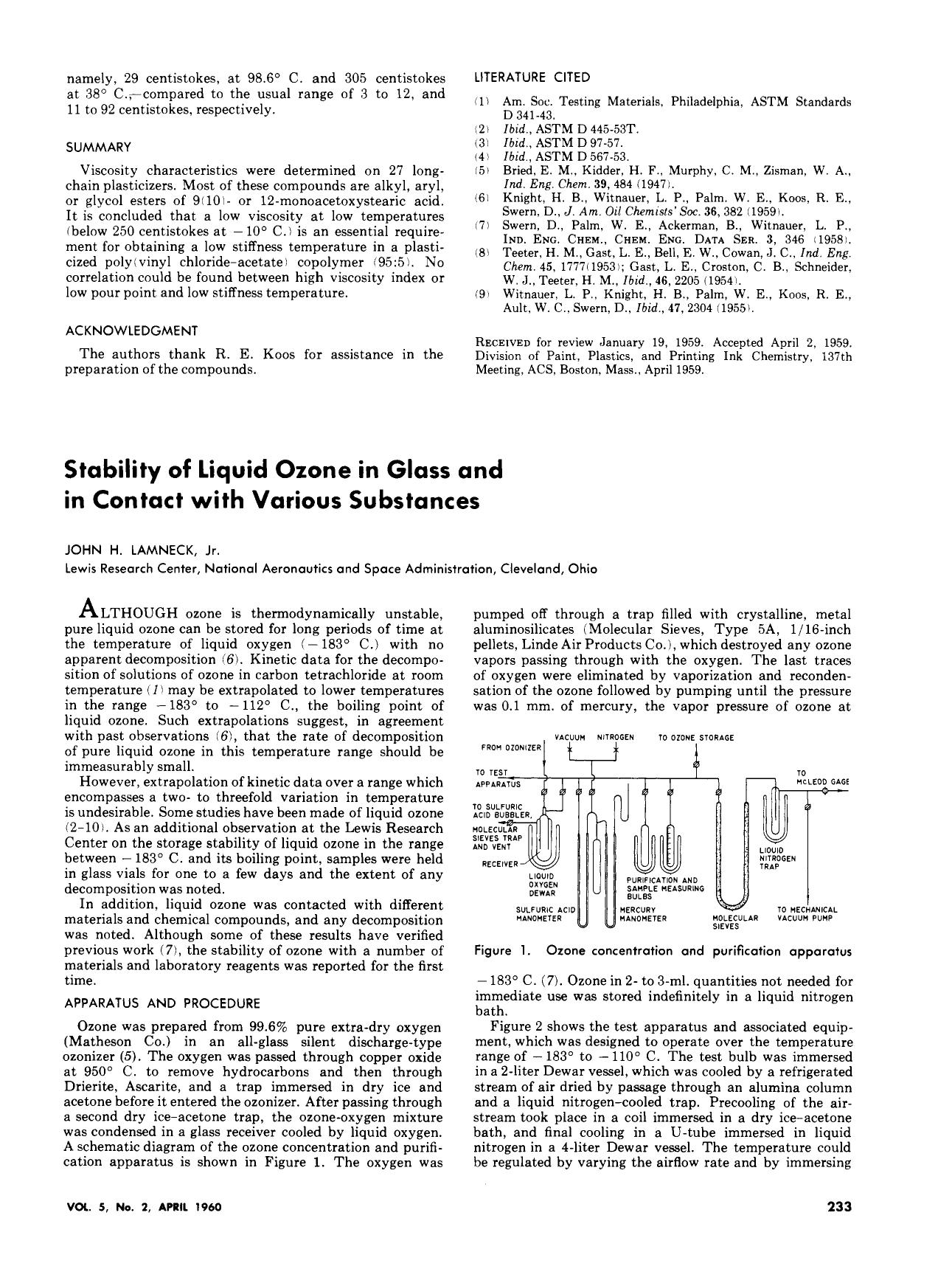 Stability of Liquid Ozone in Glass and in Contact with Various Substances. by J. H. Lamneck Jr