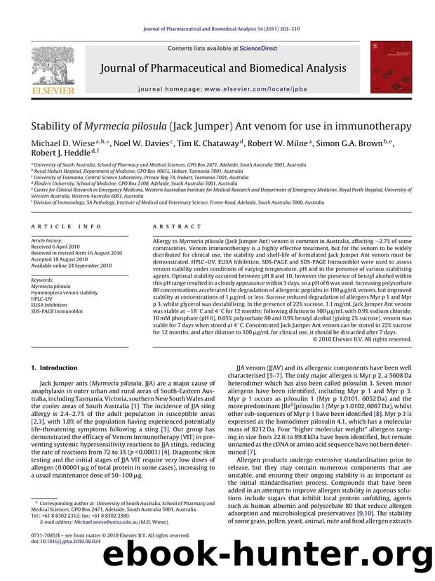 Stability of Myrmecia pilosula (Jack Jumper) Ant venom for use in immunotherapy by Michael D. Wiese
