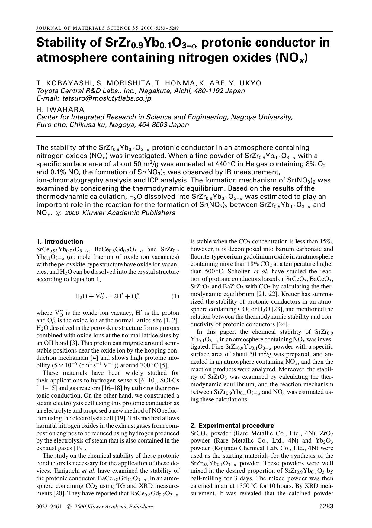 Stability of SrZr0.9Yb0.1O3&#x2212;&#x03B1; protonic conductor in atmosphere containing nitrogen oxides (NO<Emphasis Type="Italic">x<Emphasis>) by Unknown