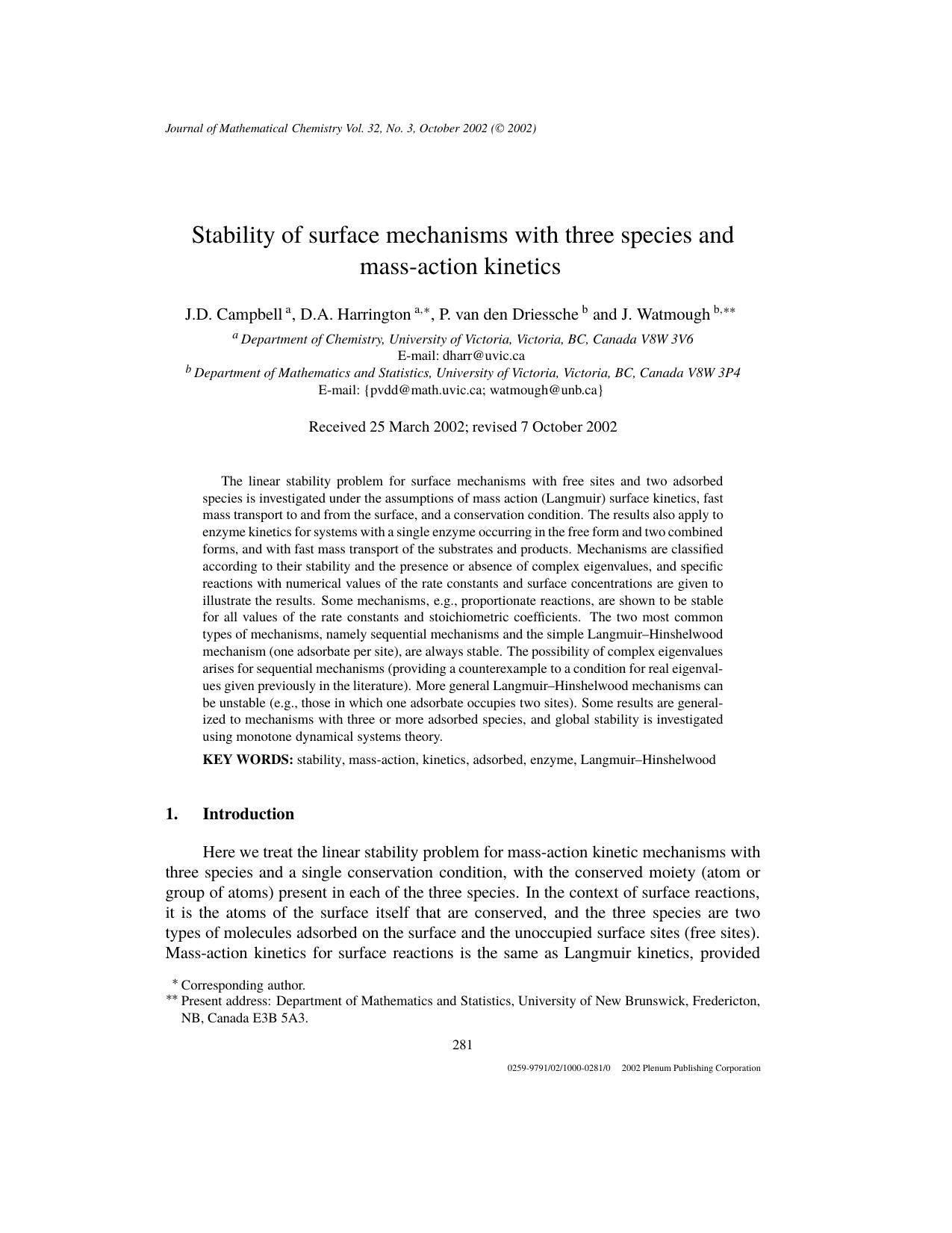 Stability of Surface Mechanisms with Three Species and Mass-Action Kinetics by Unknown