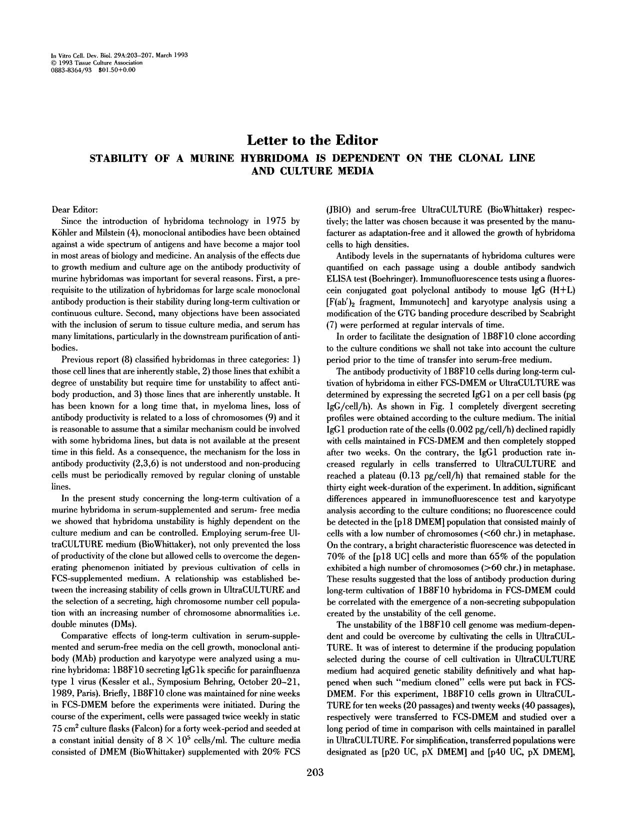 Stability of a murine hybridoma is dependent on the clonal line and culture media by Unknown