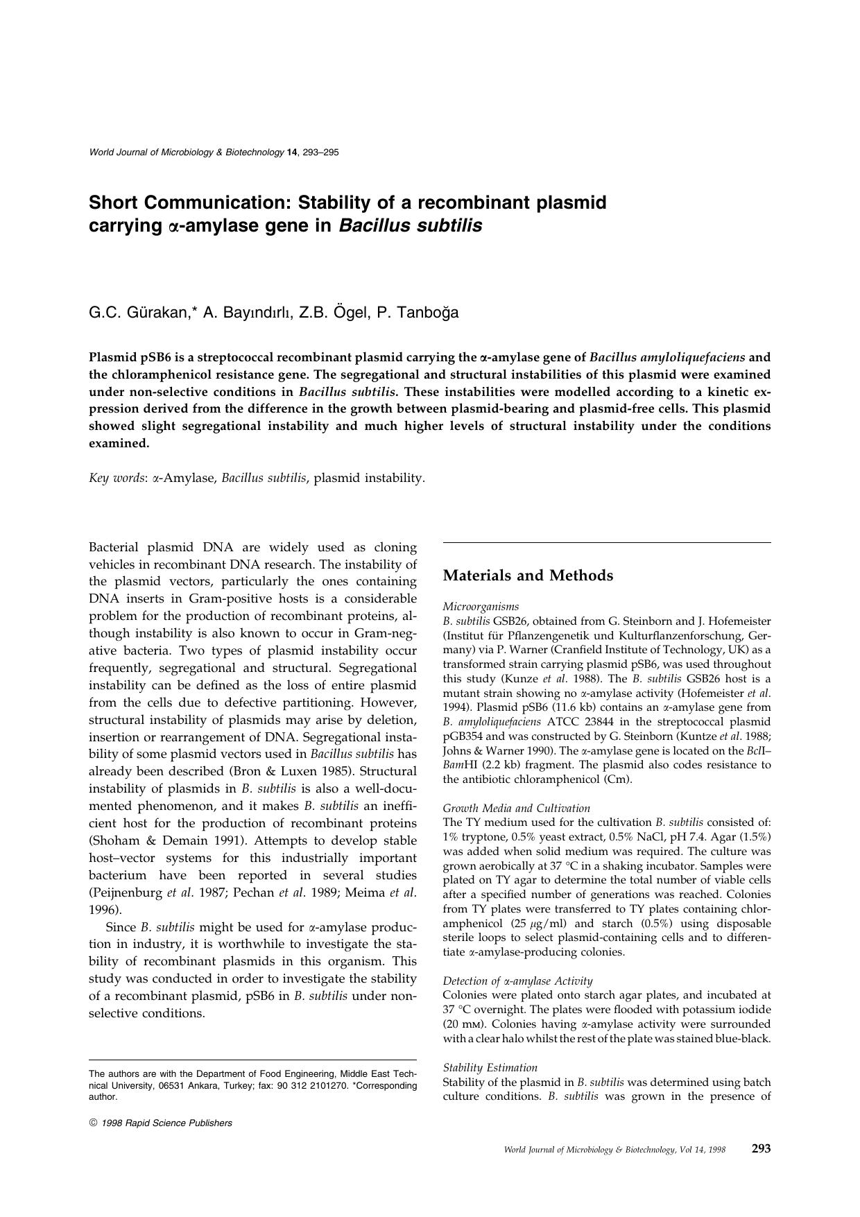 Stability of a recombinant plasmid carrying a-amylase gene in Bacillus subtilis by Unknown