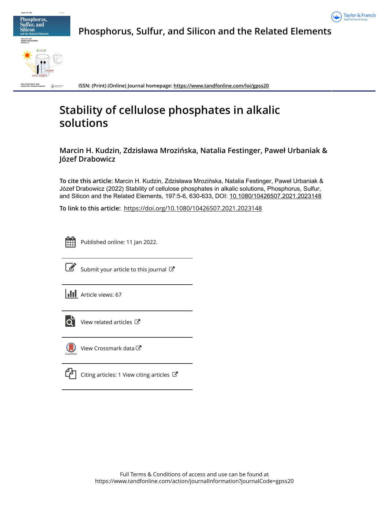 Stability of cellulose phosphates in alkalic solutions by Kudzin Marcin H. & Mrozińska Zdzisława & Festinger Natalia & Urbaniak Paweł & Drabowicz Józef
