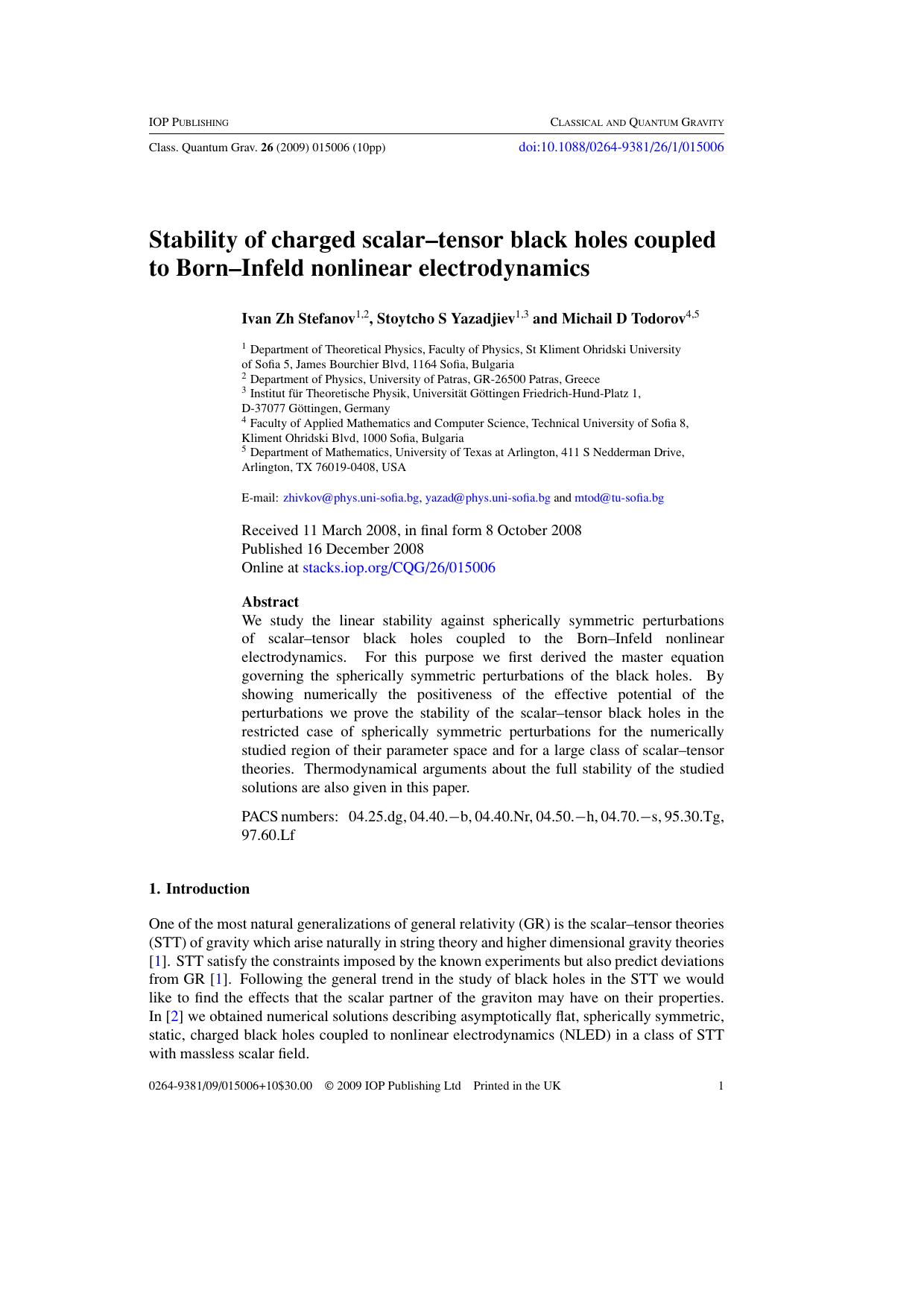 Stability of charged scalar--tensor black holes by I Z Stefanov et al
