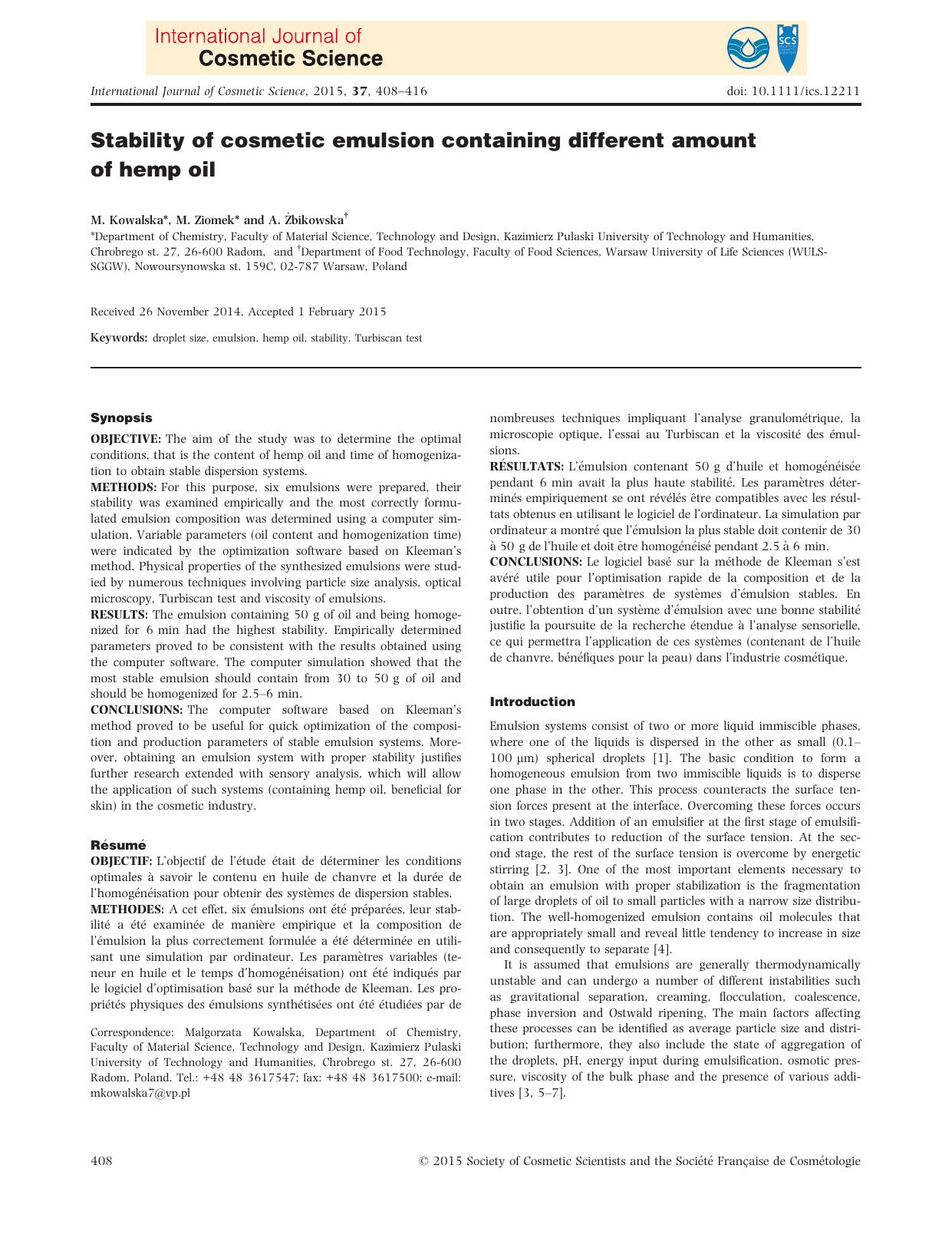 Stability of cosmetic emulsion containing different amount of hemp oil by Unknown