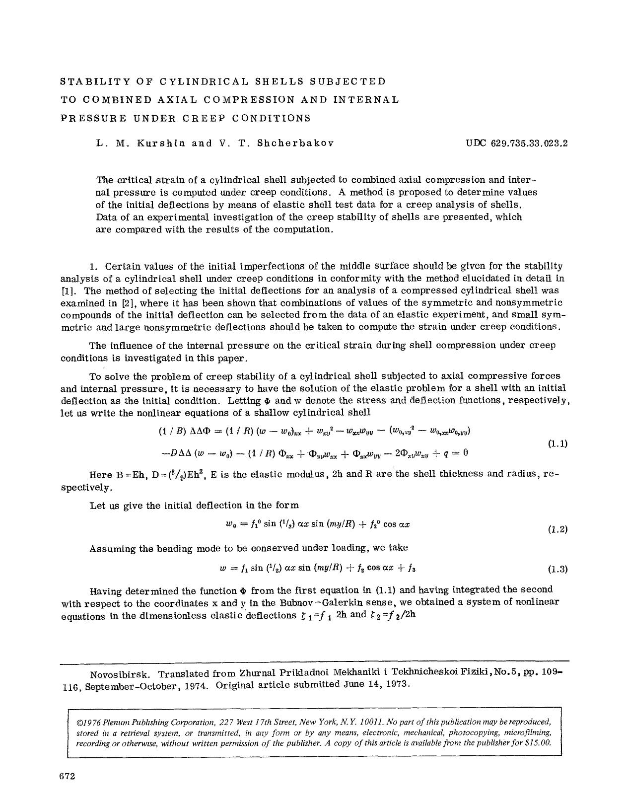 Stability of cylindrical shells subjected to combined axial compression and internal pressure under creep conditions by Unknown