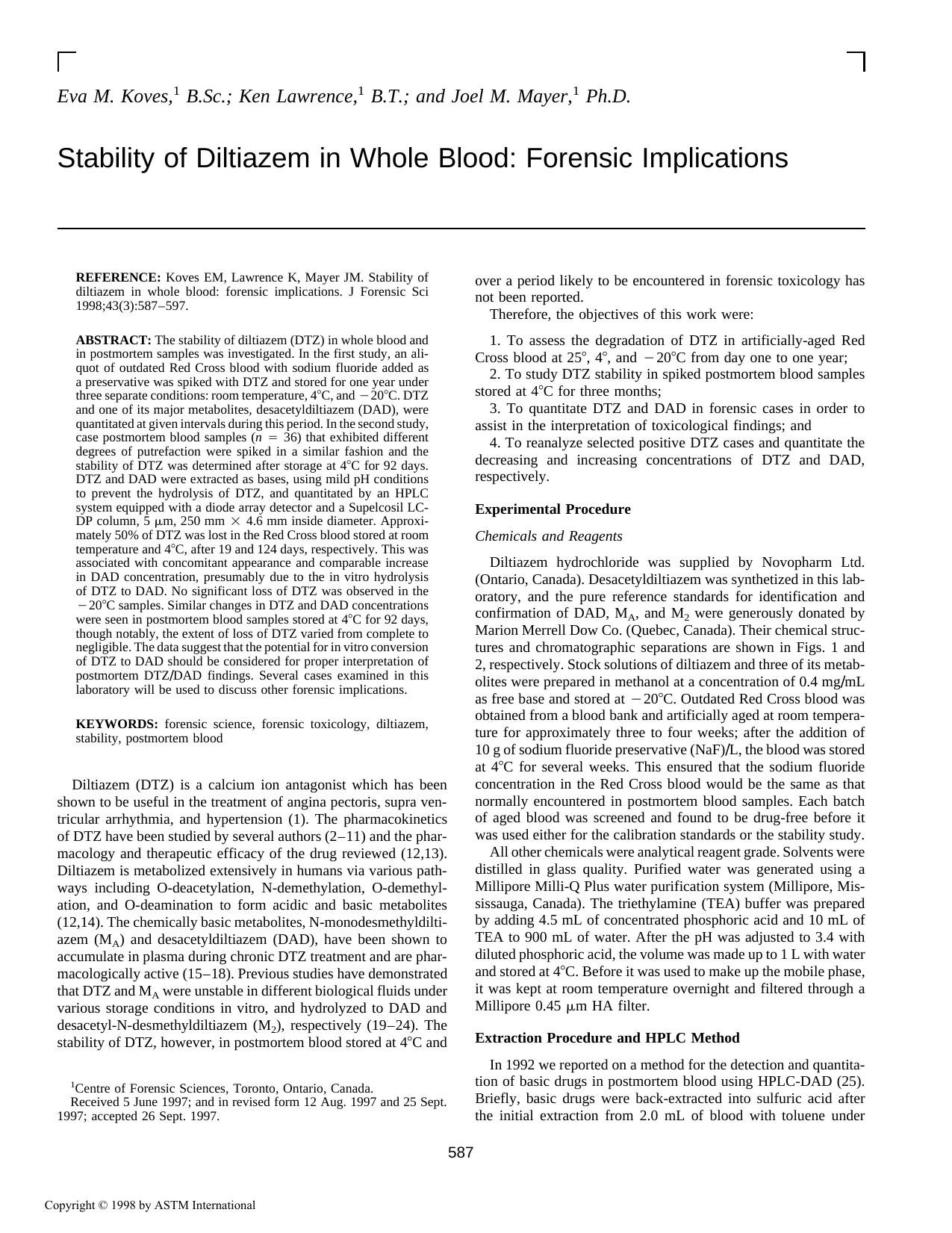 Stability of diltiazem in whole blood: forensic implications by Koves EM Lawrence K Mayer JM