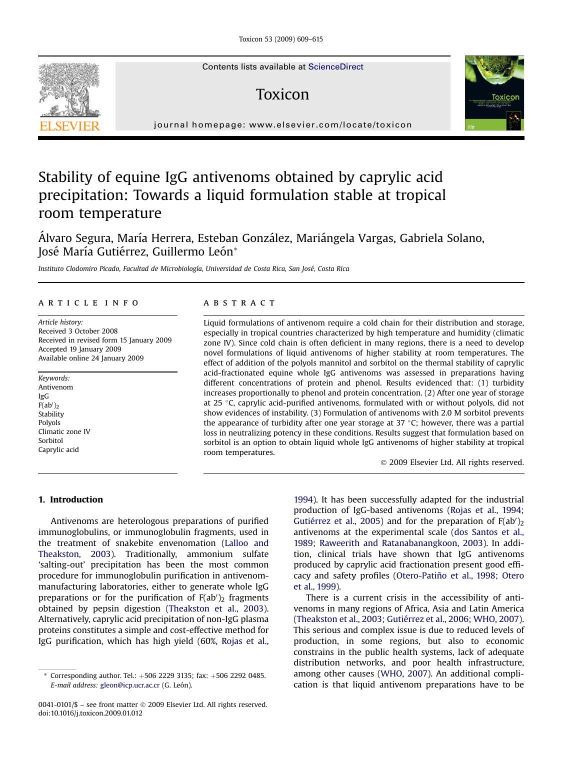 Stability of equine IgG antivenoms obtained by caprylic acid precipitation: Towards a liquid formulation stable at tropical room temperature by unknow