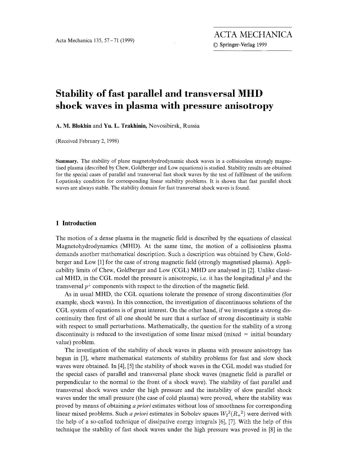 Stability of fast parallel and transversal MHD shock waves in plasma with pressure anisotropy by Unknown