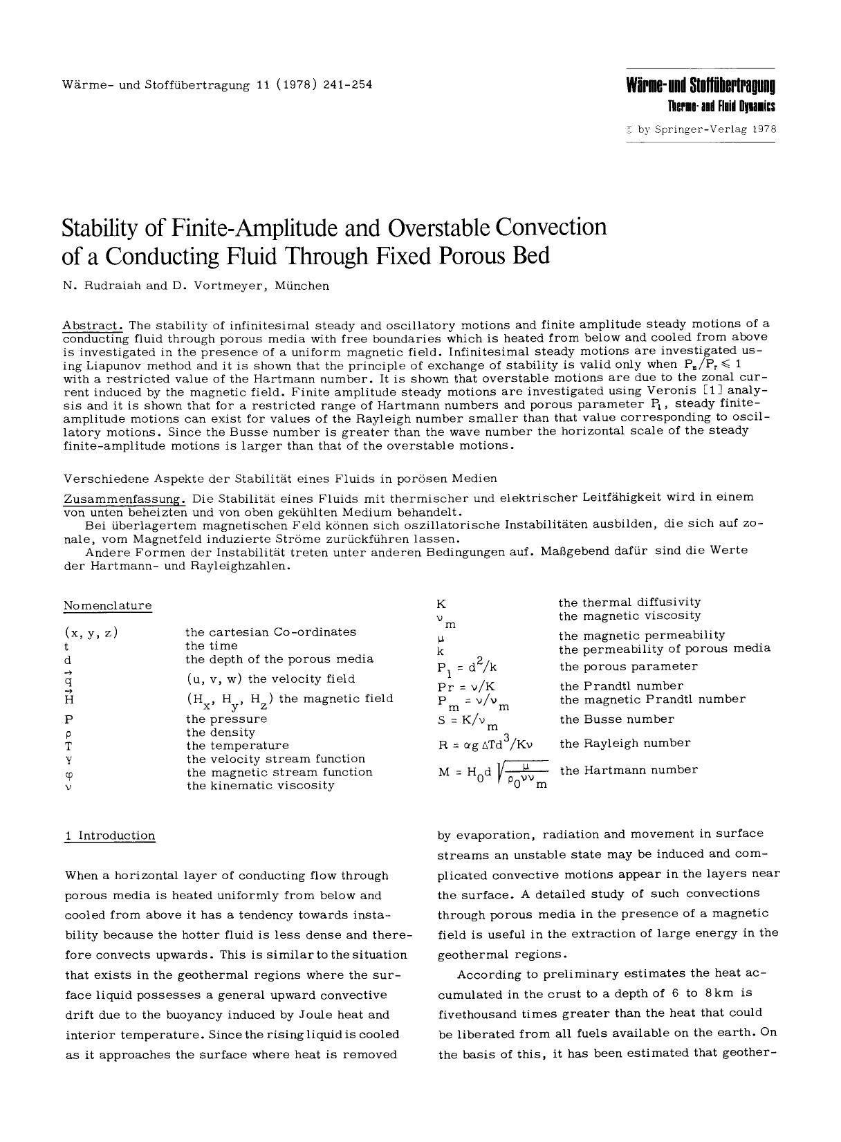 Stability of finite-amplitude and overstable convection of a conducting fluid through fixed porous bed by Unknown