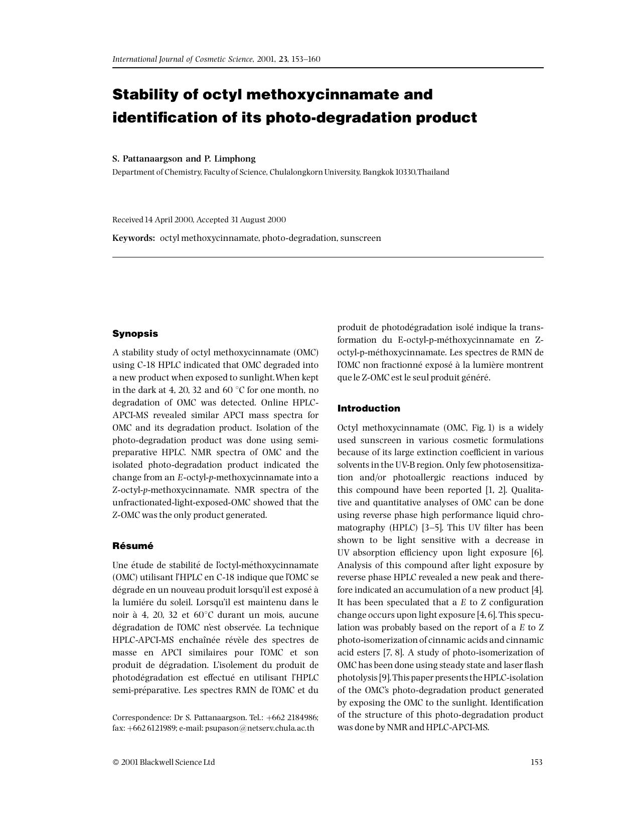 Stability of octyl methoxycinnamate and identification of its photo-degradation product by Unknown