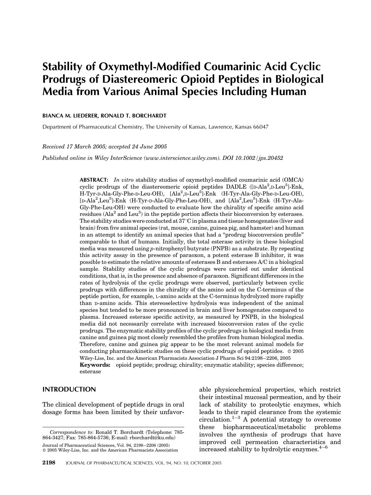 Stability of oxymethyl-modified coumarinic acid cyclic prodrugs of diastereomeric opioid peptides in biological media from various animal species including human by Unknown