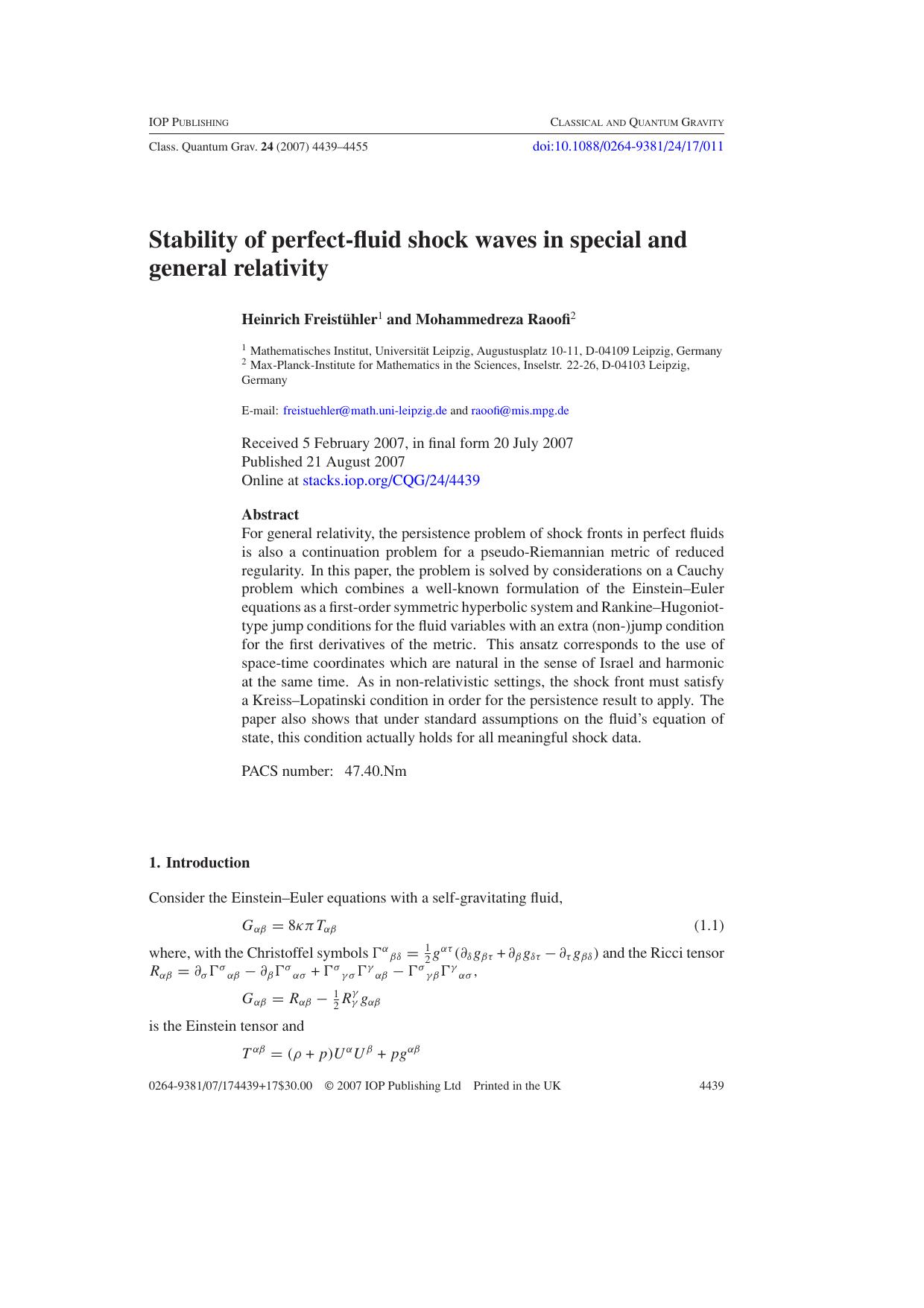 Stability of perfect-fluid shock waves in special and general relativity by H Freist.hler & M Raoofi