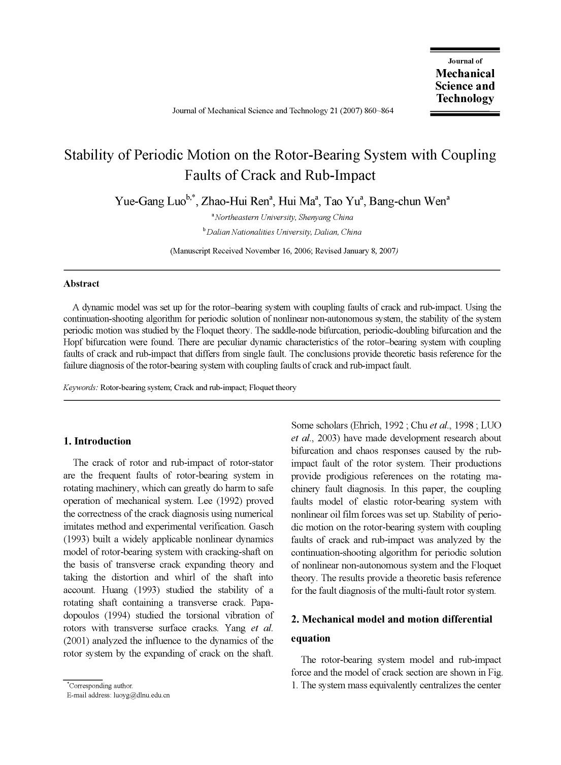 Stability of periodic motion on the rotor-bearing system with coupling faults of crack and rub-impact by Unknown