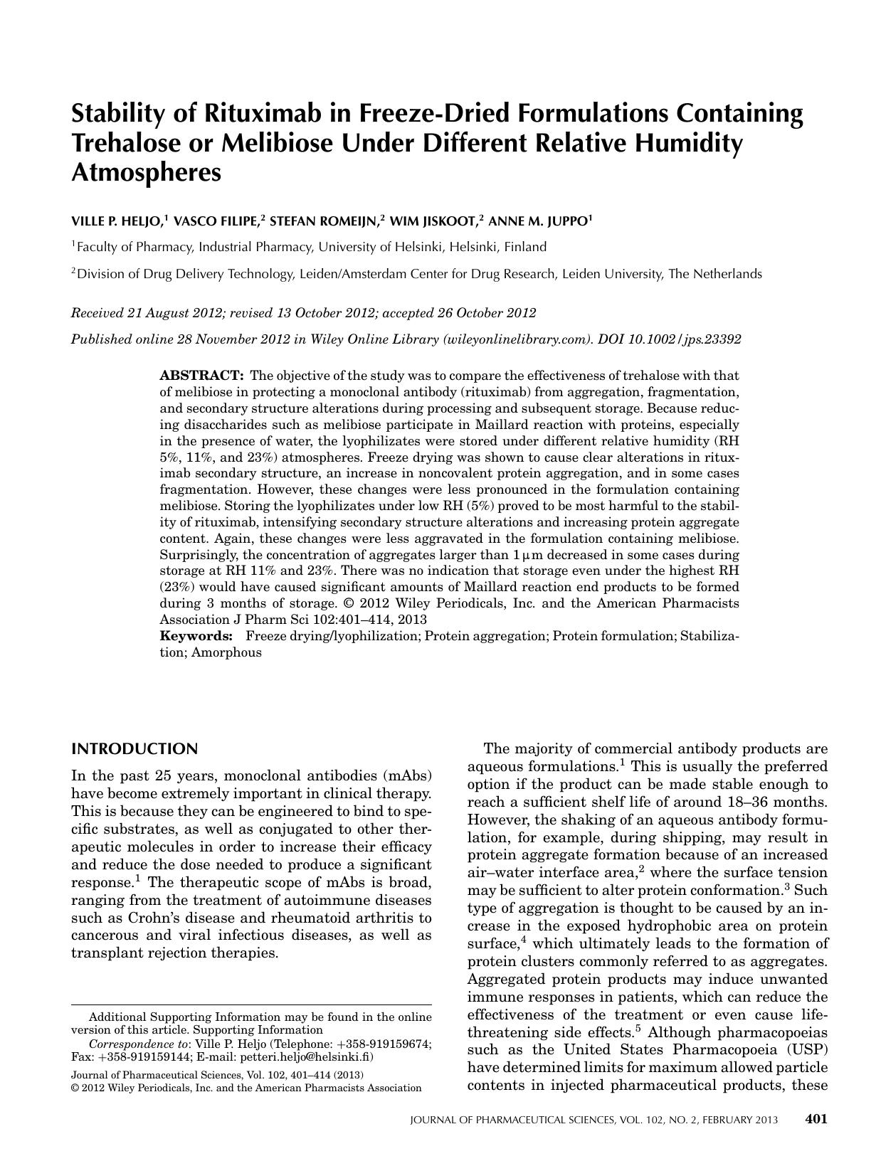 Stability of rituximab in freezedried formulations containing trehalose or melibiose under different relative humidity atmospheres by Unknown
