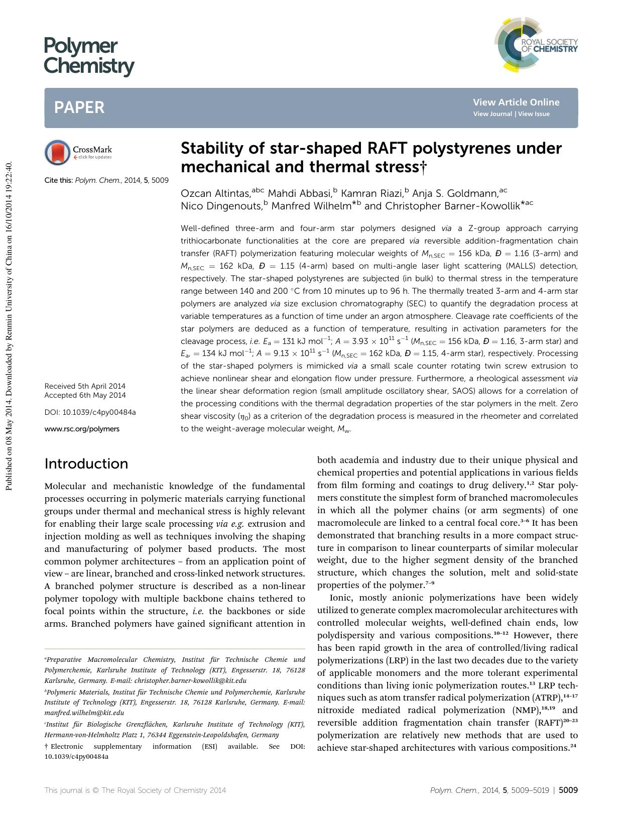 Stability of star-shaped RAFT polystyrenes under mechanical and thermal stress by unknow