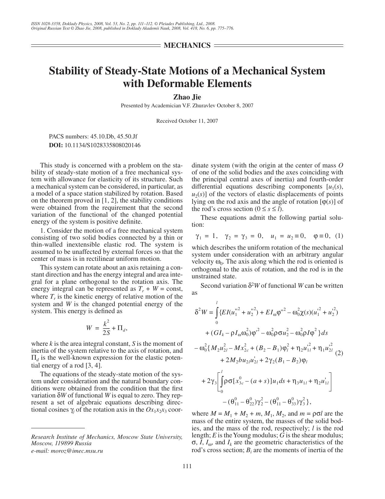 Stability of steady-state motions of a mechanical system with deformable elements by Unknown